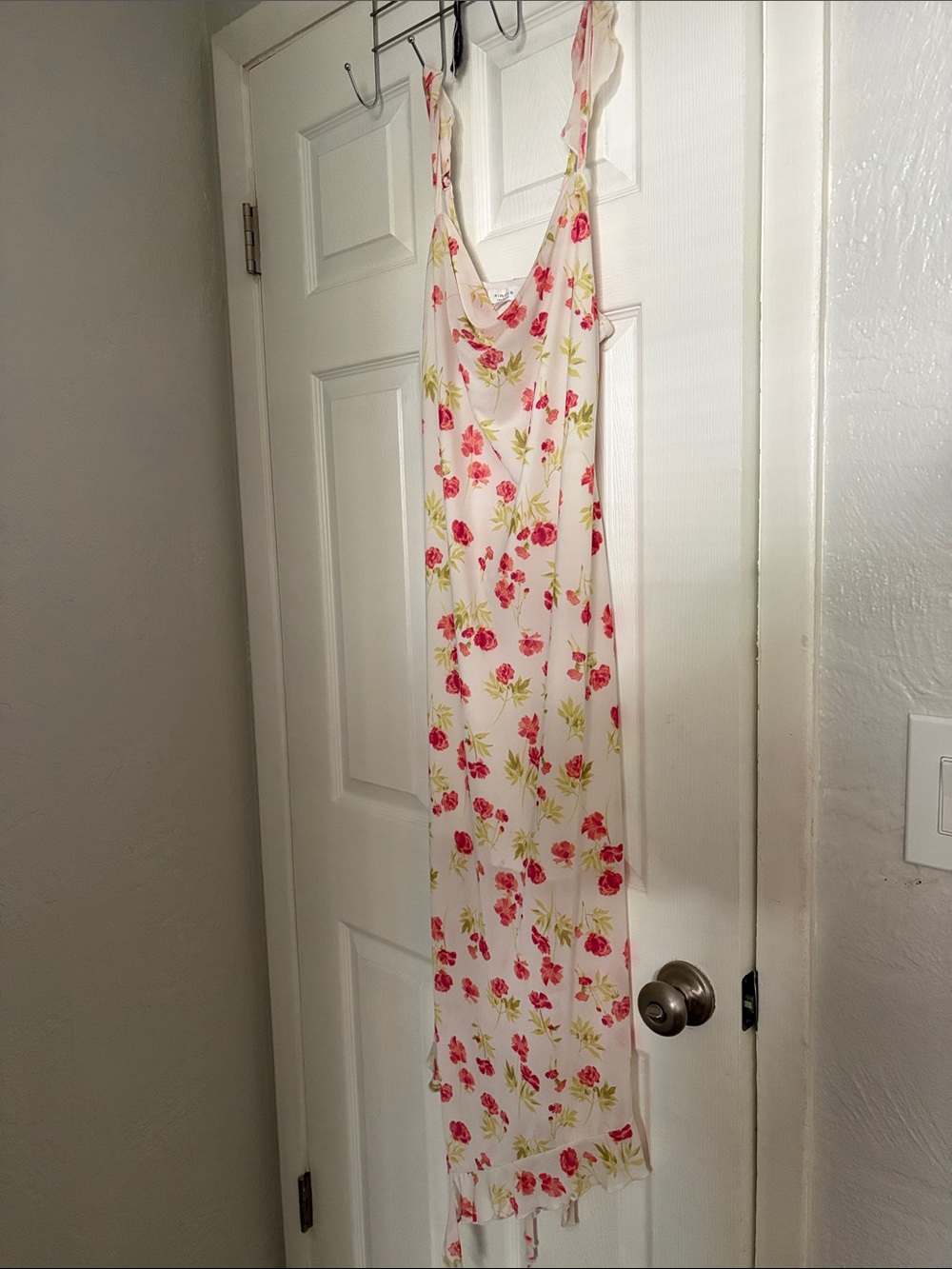 iris White Slip Dress with Pink Floral & Green Leaf Print